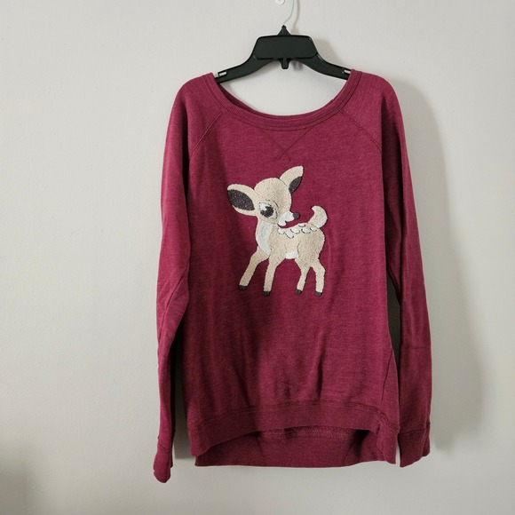 American Eagle Outfitters Tops - American Eagle Outfitters Fawn Deer Chenille Patch Sweatshirt Burgundy Small